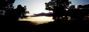 A scenic view of the Grand Canyon at sunset, with the sun's golden light casting a warm glow over the landscape. Silhouetted trees frame the scene, and scattered clouds are visible in the sky. XPAN captures the canyon's deep ridges and valleys faintly illuminated in the background.