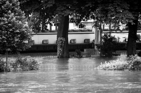 Flooded urban area with trees and shrubs partially submerged in water near Square du Vert-Galant, Paris; a building with air conditioning units is visible in the background. The scene captures the crue in striking black and white.