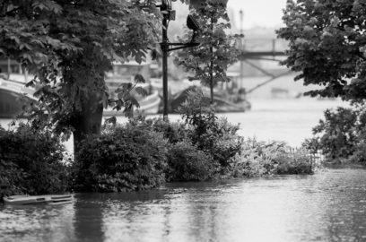 Flooded riverside area at Square du Vert-Galant with partially submerged bushes and trees in the foreground; blurred boats and a bridge hint at the effects of la crue in the black-and-white scene.
