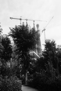 Black-and-white photo of the Sagrada Família in Barcelona, designed by Antoni Gaudí, partially obscured by trees, with construction cranes above the towers against a cloudy sky.