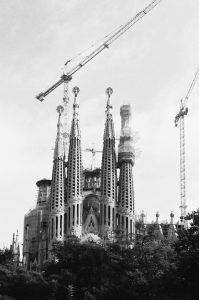 Black and white photo of the Sagrada Familia in Barcelona, capturing Gaudi’s iconic, ornate towers under construction, with cranes overhead and trees in the foreground.