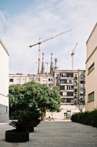 A city courtyard with trees and potted plants, surrounded by beige buildings. In the distance, construction cranes rise above Barcelona’s mid-rise apartments, with church spires and hints of the Sagrada Familia under a partly cloudy sky.