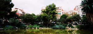 A lush urban park with a pond reflecting nearby trees and shrubs, reminiscent of Parc de Pedralbes. In the background, there is a mix of modern and older residential buildings. The sky is partly cloudy, adding a serene atmosphere to the scene.