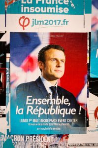 A political poster for the campaign features a person in a suit and tie with a French flag backdrop. The text reads "Ensemble, la République!" and provides event details: "Lundi 1er Mai, 14h30, Paris Event Center, 20 avenue de la Porte de la Villette, Paris 19ème.