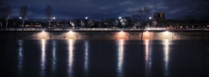 A nighttime waterfront scene with bare trees lining the lit quai des Tuileries is reflected in the water. Lampadaires and distant building lights illuminate the area, creating shimmering reflections on the calm, dark river surface. A cloudy sky is visible overhead.
