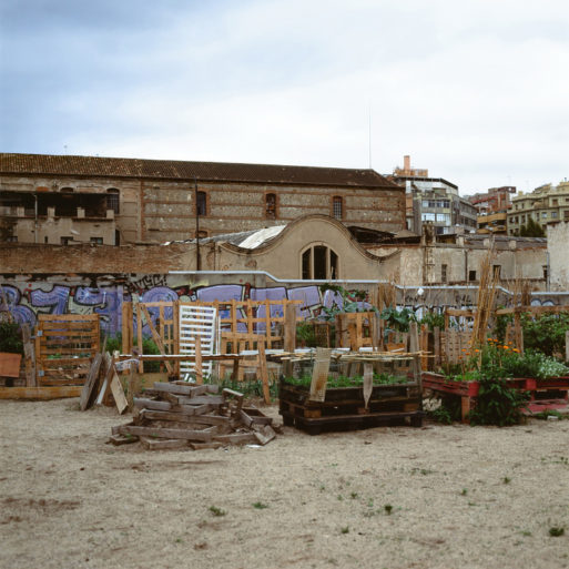 An urban community garden in the heart of Barcelona, surrounded by old buildings and graffiti-covered walls. Raised beds and wooden pallets are arranged for growing plants. The sky is overcast, casting a muted light over the garden and the partially dilapidated structures that reflect Catalonia's historic charm.