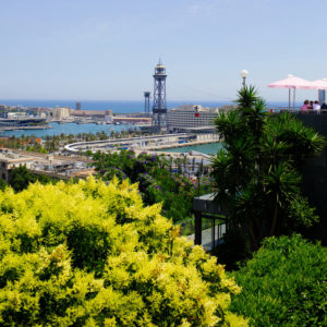 A scenic view overlooking Barcelone's port area on a sunny day, featuring lush greenery and bright yellow shrubs in the foreground. The prominent Port Cable Car tower, or téléphérique, rises in the middle with the coastline, buildings, and blue sky in the background near Parc de Montjuïc.