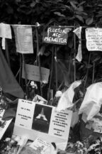 A makeshift memorial with signs, flowers, and candles is seen. Messages of solidarity are written in French, including one prominent sign that reads "Fluctuat nec Mergitur." The items are placed against a metal fence with greenery visible in the background.