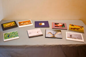 A table at the 2025 Expo Photos Onzain displays nine photo books, featuring captivating wildlife images with birds and deer on their covers. These books are neatly arranged in two rows atop a gray tablecloth.