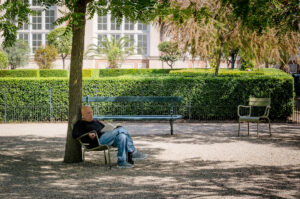 A man sits alone on a chair under a tree in a sunlit park, reading a newspaper. Empty chairs and a bench are nearby, with manicured hedges and a large building in the background.