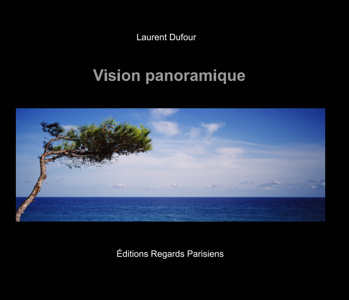 Paris monochrome A lone tree leans over a calm, deep blue sea under a bright sky. Text reads: “Laurent Dufour, Vision panoramique, Éditions Regards Parisiens.”.