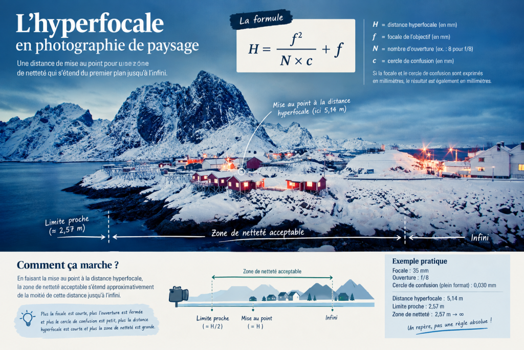A snowy village with mountains and water in the background, marked with text and diagrams explaining hyperfocal distance in landscape photography, including formulae, definitions, and example values.