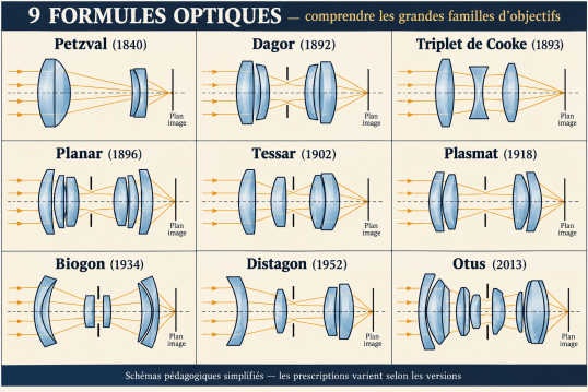 A chart titled “9 Optical Formulae” showing cross-section diagrams of nine historical lens designs, including Petzval, Dagor, Cooke Triplet, Planar, Tessar, Plasmat, Biogon, Distagon, and Otus, with light rays passing through to an image plane.