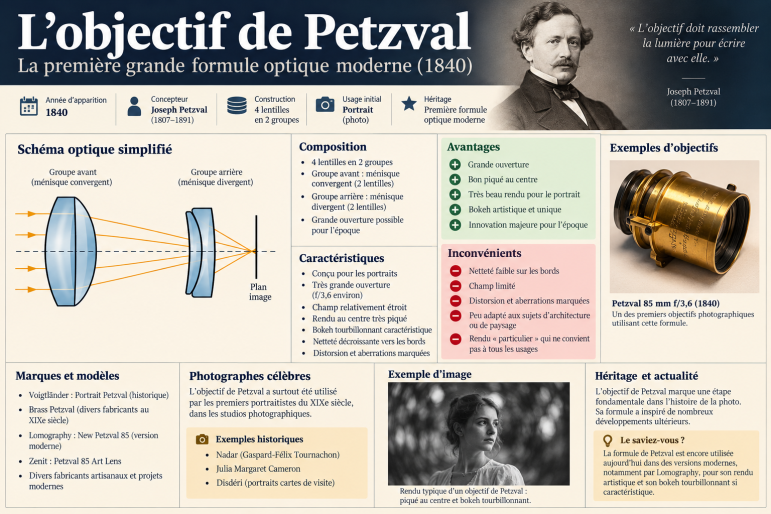 Infographic explaining the history, technical design, and legacy of the 1840 Petzval optical lens, featuring a portrait of Joseph Petzval, a simplified optical diagram, and sample photographs.