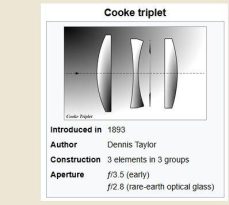 Diagram of a Cooke triplet lens design showing three lens elements, with text detailing its 1893 introduction, author, construction, and aperture specifications.