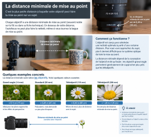 Infographic explaining the minimum focusing distance of a camera lens, showing examples with different lenses, a mug, a daisy, and diagrams illustrating the concept.