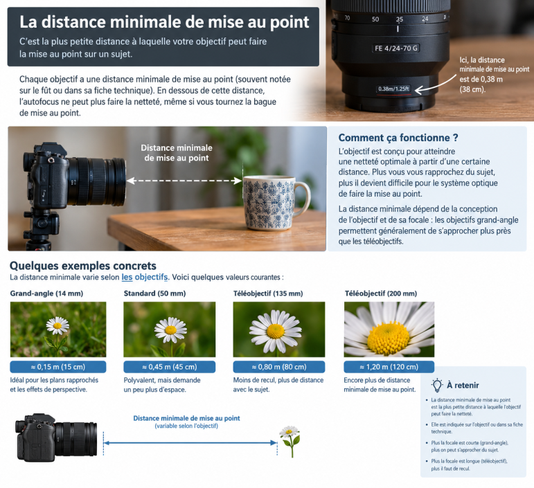 Distance minimale de mise au point Infographic explaining the minimum focusing distance of a camera lens, showing examples with different lenses, a mug, a daisy, and diagrams illustrating the concept.